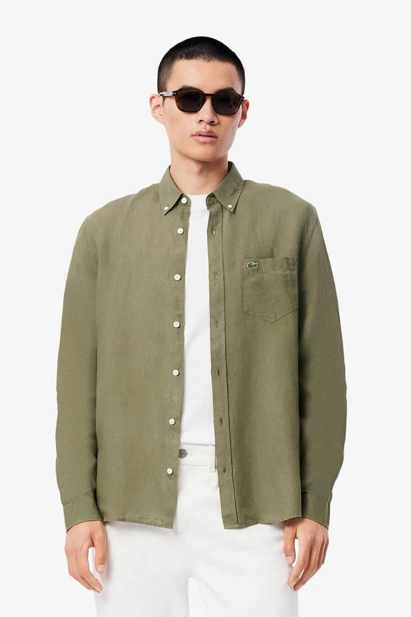 Lacoste ανδρικό λινό πουκάμισο button down με τσέπη και κεντημένο λογότυπο Regular Fit - CH5692 Λαδί