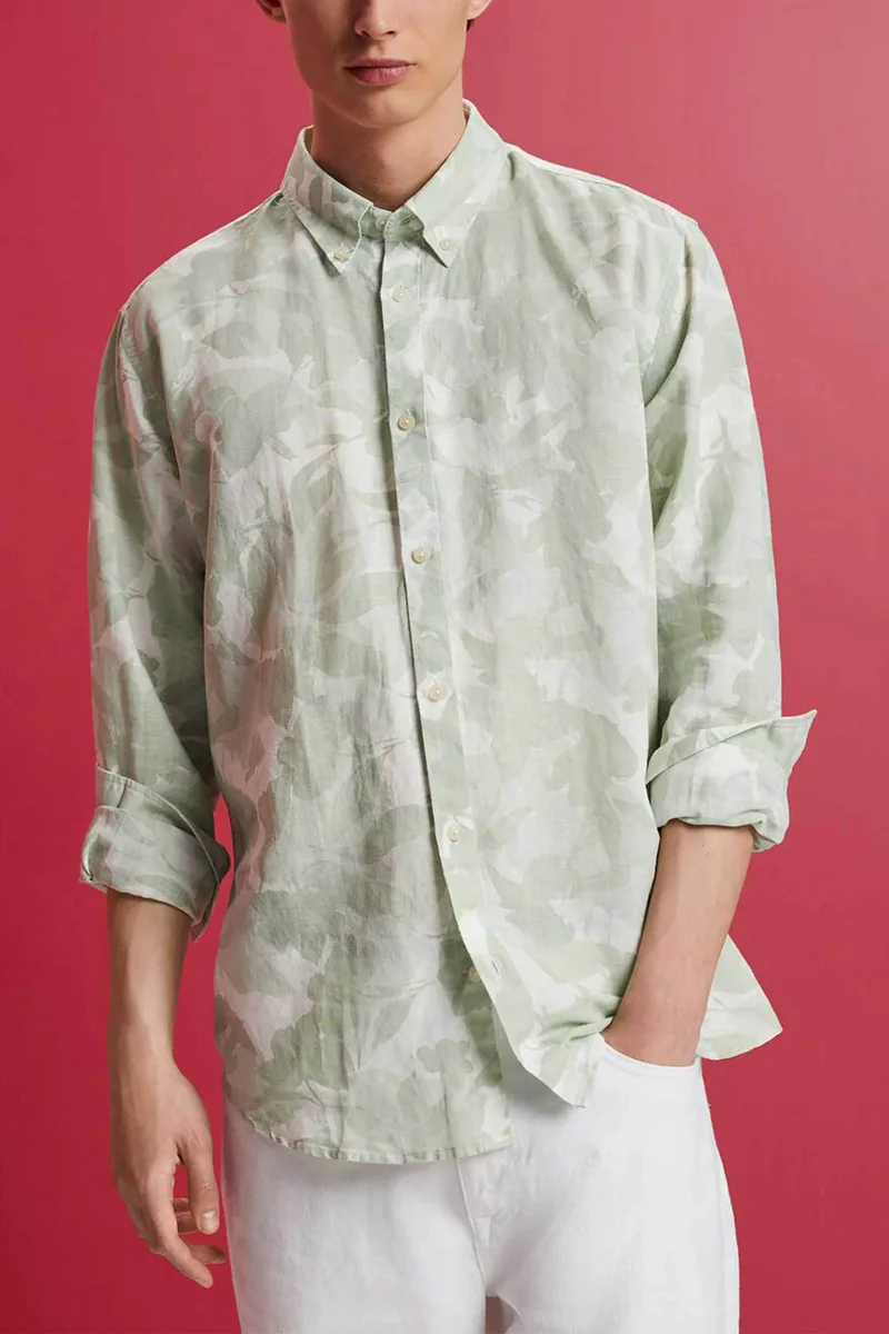 Esprit ανδρικό λινό πουκάμισο με all-over print και button-down γιακά - 043EE2F306 Πράσινο Ανοιχτό