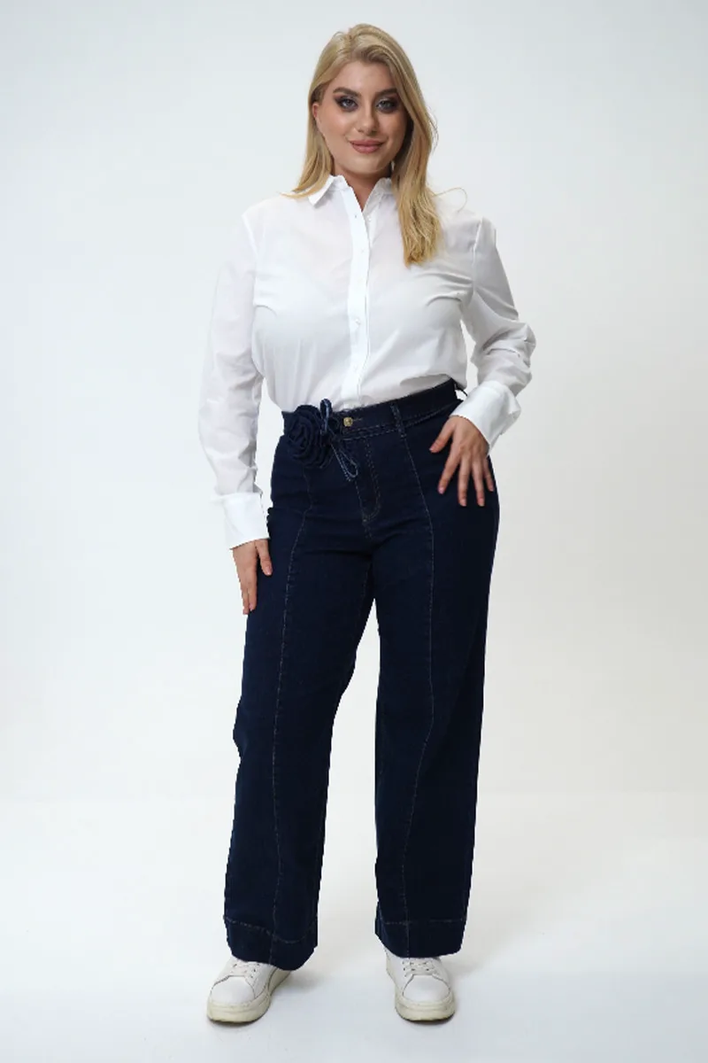 Wide leg τζιν με ζώνη λουλούδι σε dark denim blue χρώμα