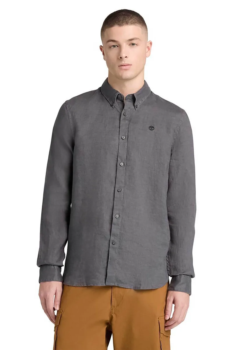 Timberland ανδρικό λινό πουκάμισο button down με κεντημένο tree logo Slim Fit "Mill Brook" - TB0A2DC3W081 Ανθρακί