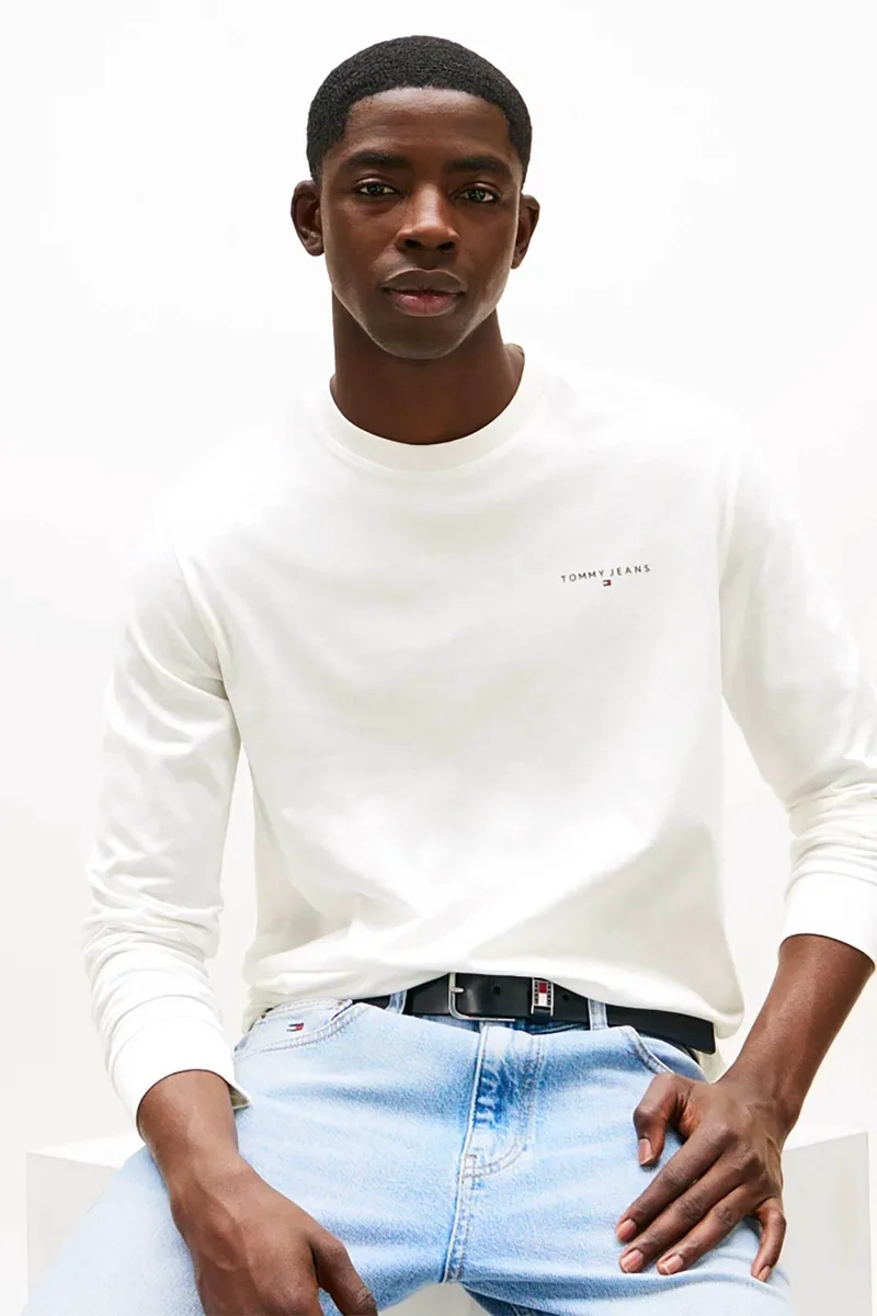 Tommy Jeans ανδρική μακρυμάνικη μπλούζα με λογότυπο Slim Fit - DM0DM21594 Εκρού