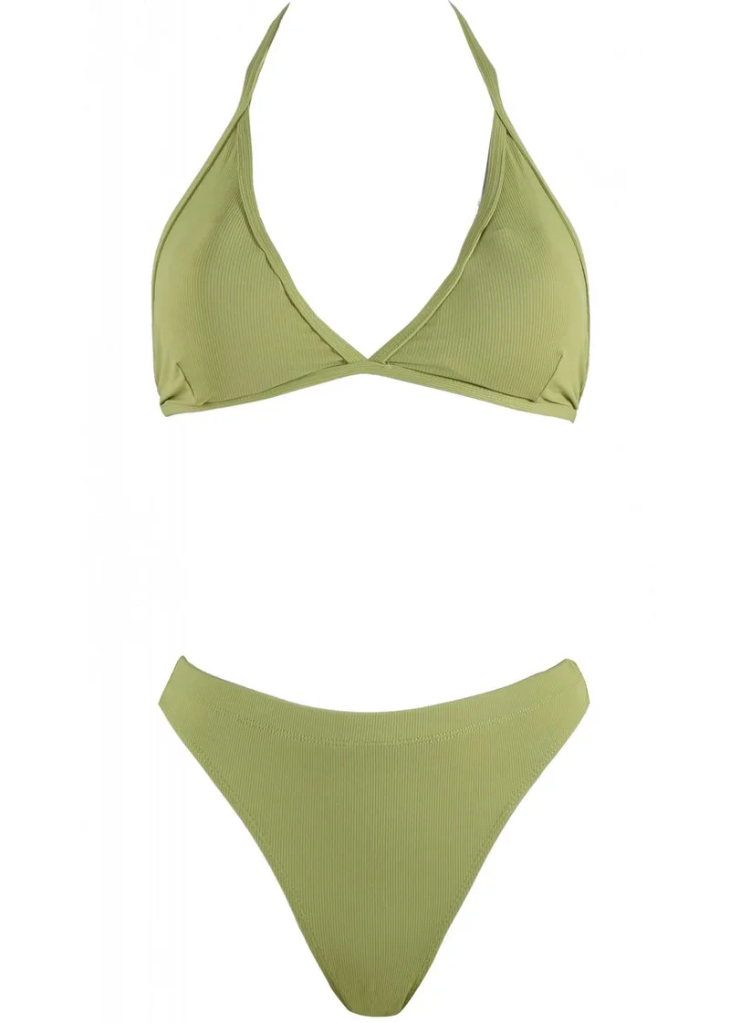 Σέτ μαγιό τρίγωνο αποσπώμενη ενίσχυση bikini παρτό ψηλόμεσο. Καλύπτει B Cup ΛΑΧΑΝΙ
