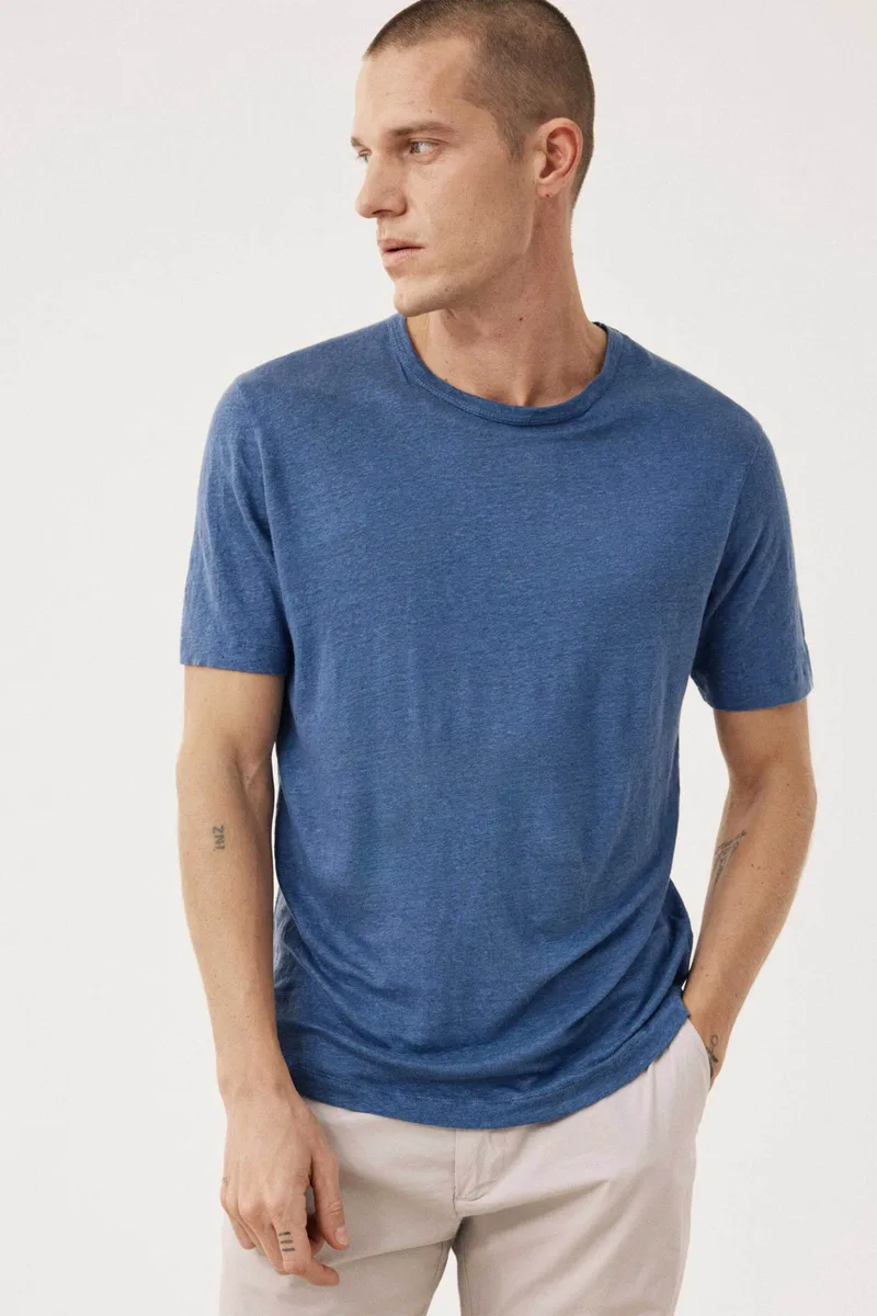 Hartford ανδρικό λινό T-shirt μονόχρωμο Regular Fit - BF84307 Μπλε