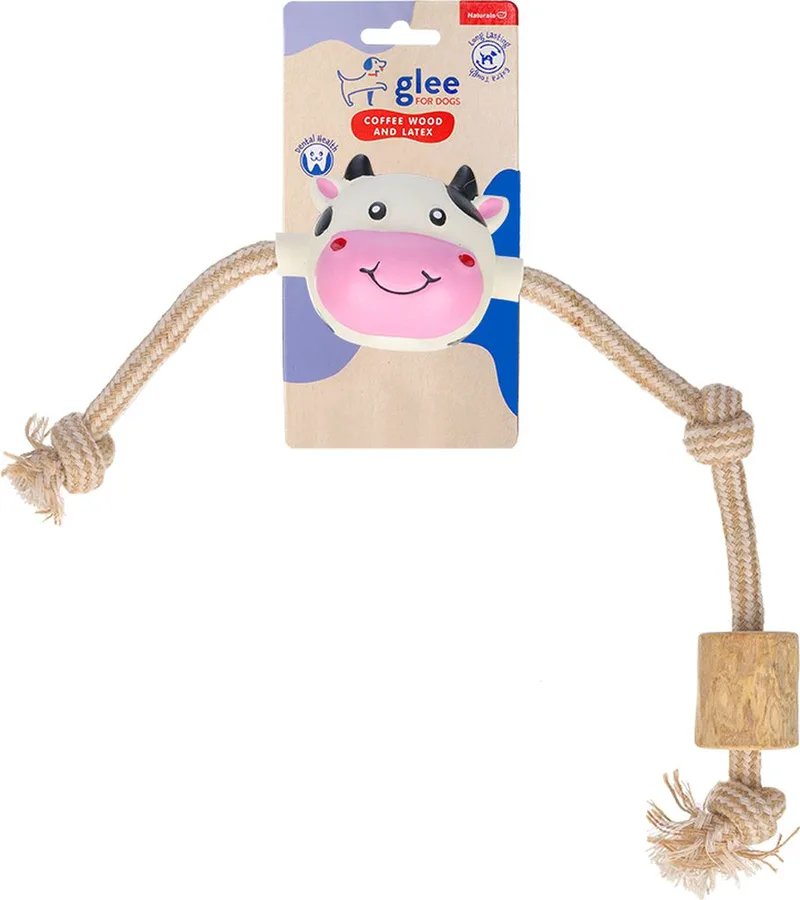ΠΑΙΧΝΙΔΙ ΣΚΥΛΟΥ GLEE COW KNOTTED ROPE WITH COFFEE WOOD (33X6CM)