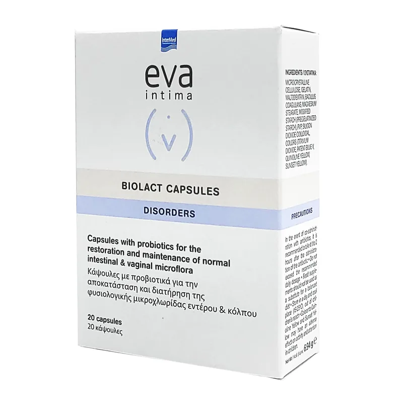 Eva Intima Biolact Συμπλήρωμα Διατροφής Προβιοτικών για την Ενίσχυση & Διατήρηση της Χλωρίδας του Κόλπου & του Έντερού 20caps