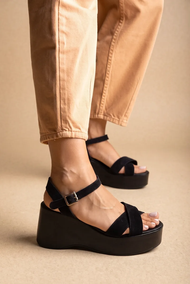 TFP Platform Sandals Crossover Strap - K715 - Μαύρο Σουέτ