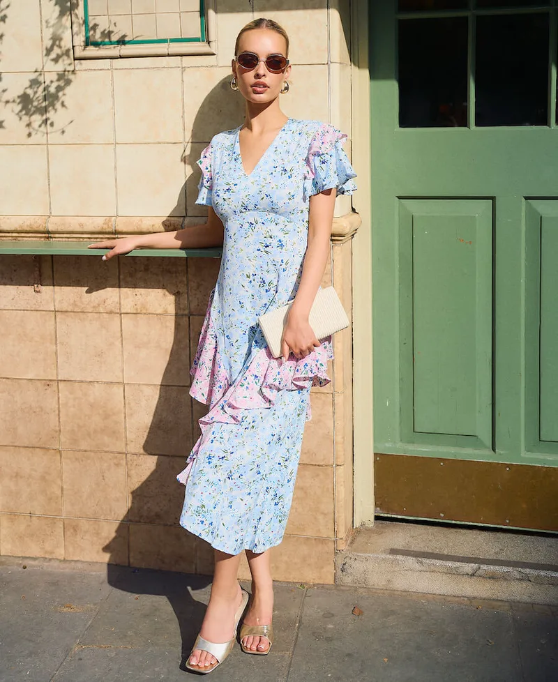 Blue Ditsy Floral Ruffle Mix and Match Midi Dress | Clothing Size: 16