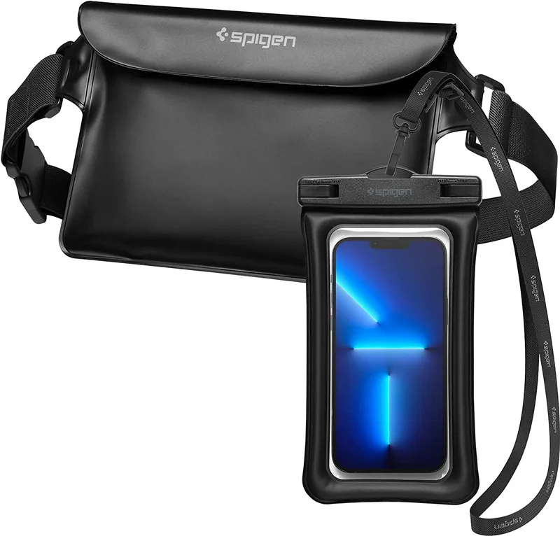 Spigen A621 Aqua Shield Waterproof Floating Bag & Pouch Bag Set - Σετ Universal Αδιάβροχη Τσάντα Μέσης 20 x 12 cm & Αδιάβροχη Θήκη για Κινητά έως 6.8'' - IPX8 - Black (AMP04533)