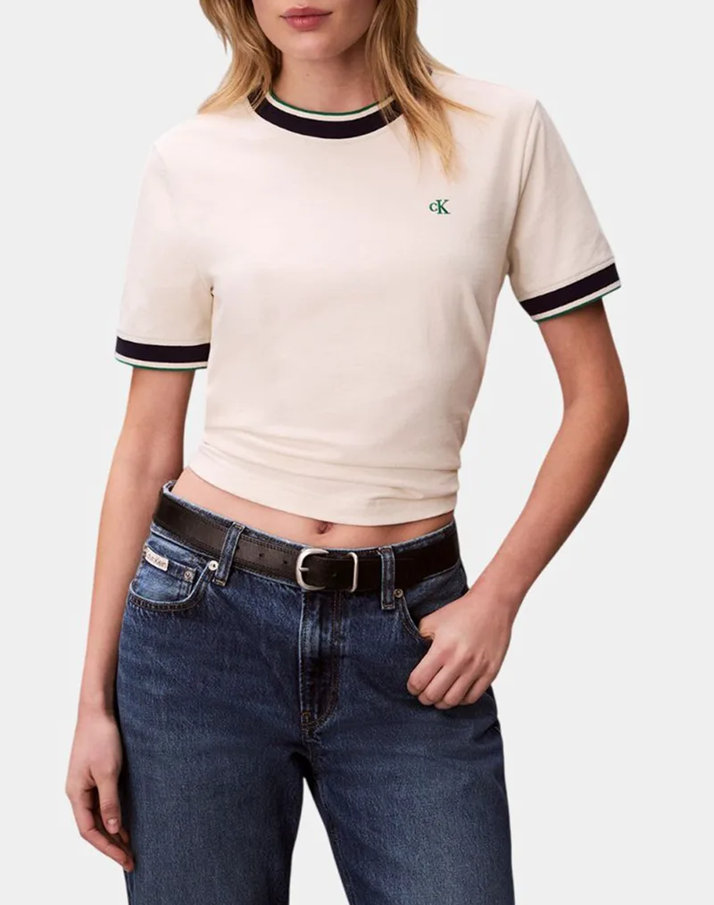 CALVIN KLEIN JEANS SS CTN MONOGRAM STRIPE TRIM TEE LV047F226G-YAS Cream
