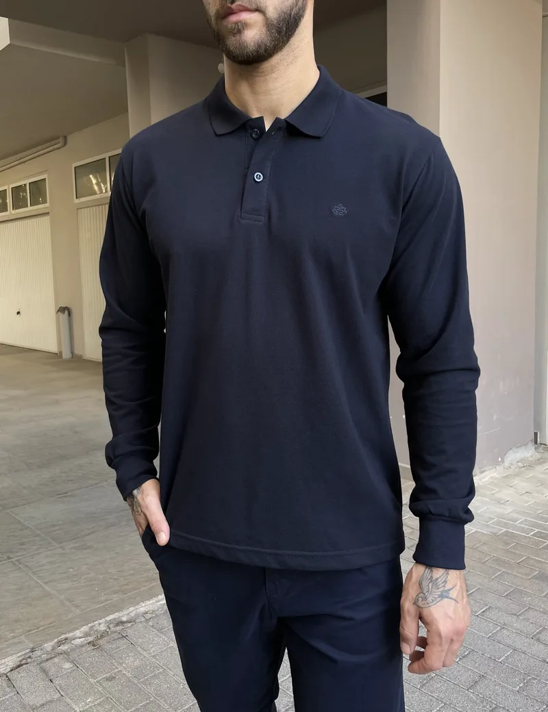 Everbest Ανδρική μπλε navy πικέ Polo μακρυμάνικη μπλούζα Plus size 2610200B