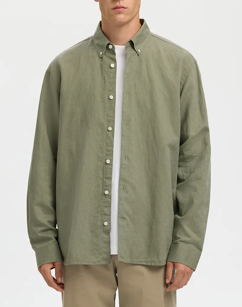 SELECTED SLMREGCLAUS CLAY LINENBLEND LS SHT NOOS 16100084-Vetiver Olive