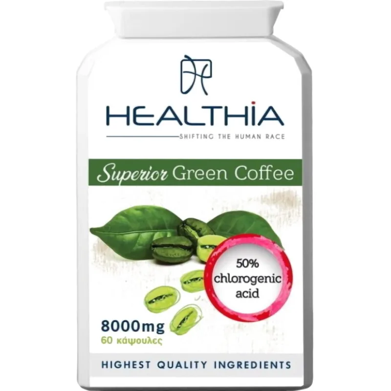 Healthia Superior Green Coffee 8000mg Συμπλήρωμα Διατροφής με Εκχύλισμα Πράσινου Καφέ & Χλωρογενικό Οξύ για Απώλεια Βάρους, Καύση του Λίπους & Βελτίωση του Μεταβολισμού 60caps