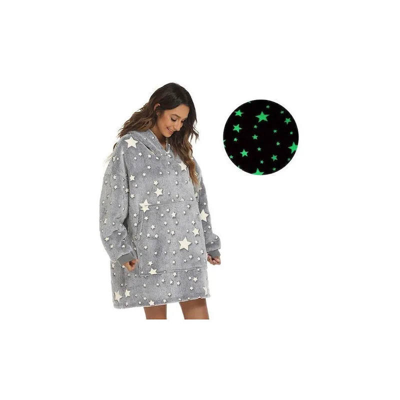 Fleece Κουβέρτα με Μανίκια 90x90εκ Γκρι με Φωσφορίζοντα Σχέδια
