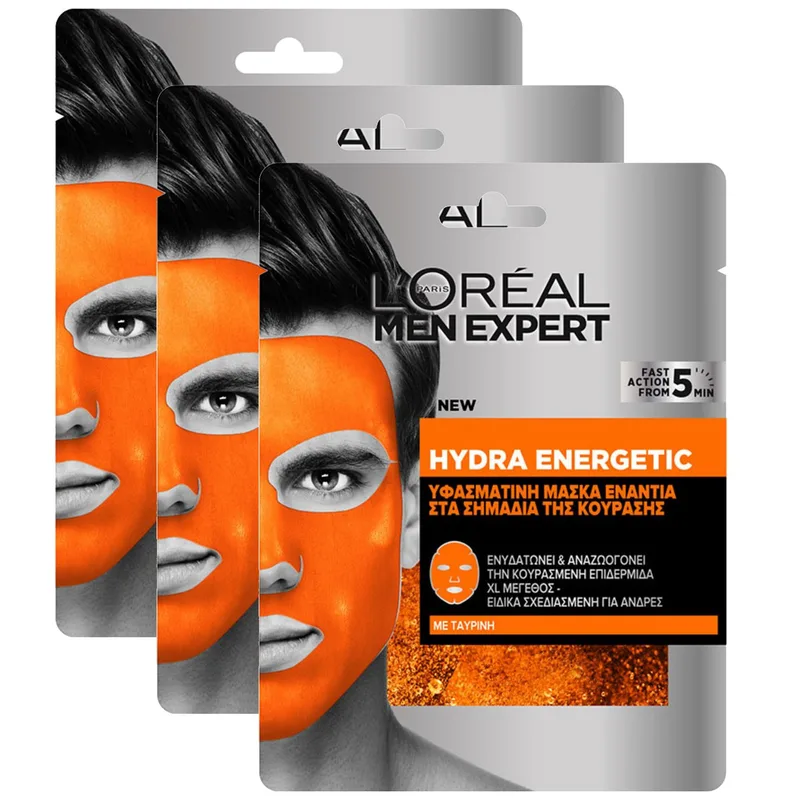 L'Oreal Paris Promo Men Expert Hydra Energetic Tissue Mask Ενυδατική & Αναζωογονητική Ανδρική Υφασμάτινη Μάσκα Προσώπου, Ενάντια στα Σημάδια της Κούρασης 3x30g