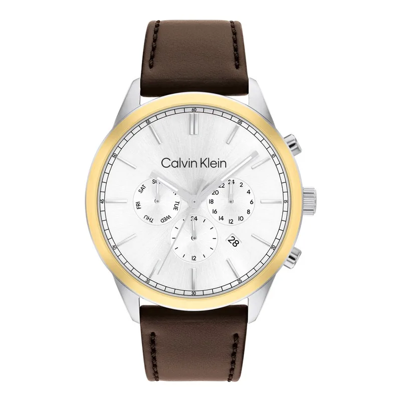 CALVIN KLEIN Infinite Two-Toned Case Multifunction Dial Brown Leather Strap 25200381