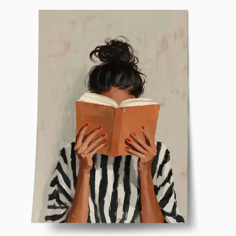 Poster AFROCENTRIC WOMAN HIDING BEHIND BOOK WHITE