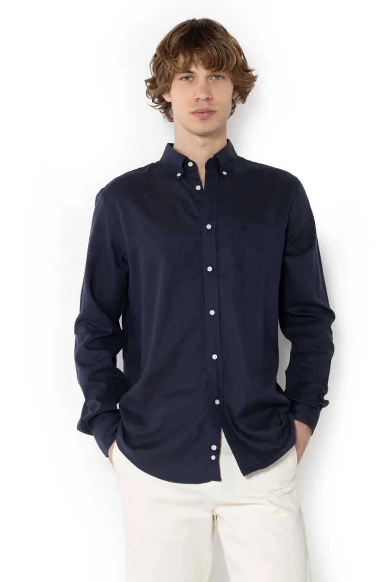 The Bostonians ανδρικό λινό πουκάμισο button down με τσέπη και κεντημένο λογότυπο Regular Fit - AAP2412 Μπλε Σκούρο
