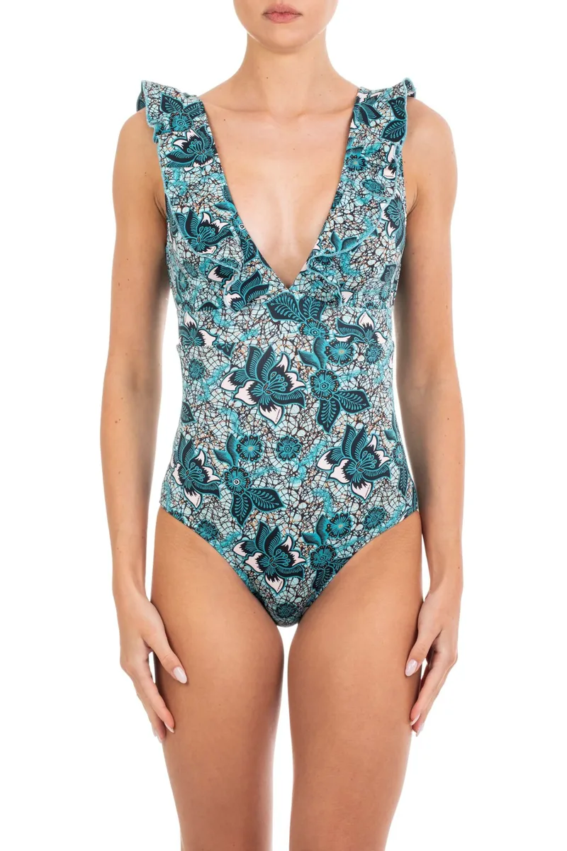 Emmanuela Swimwear Γυναικείο Ολόσωμο Μαγιό Με Βολάν Και Floral Εμπριμέ Σχέδιο