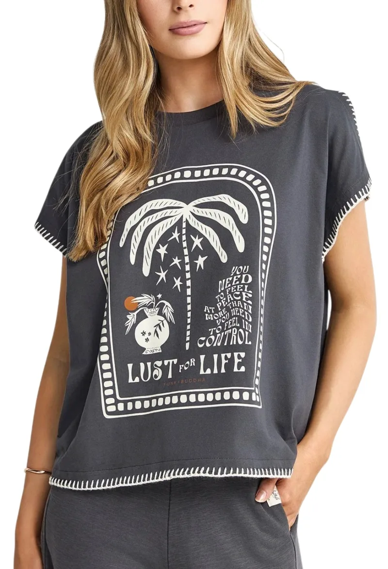 Μπλούζα Κοντομάνικη Funky Buddha Relaxed Με Τύπωμα FBL013-132-04-ANTHRACITE Γυναικείο