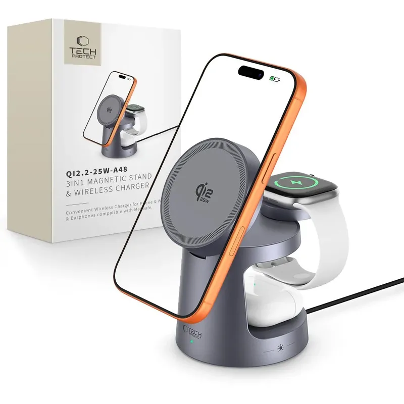 Tech-Protect 3in1 Qi2.2 Magnetic Magsafe Wireless Stand Charger 25W Dark Grey (A48)