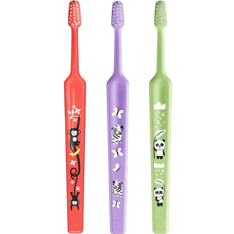 TePe Mini Extra Soft 0-6 Years Toothbrush Παιδική Οδοντόβουρτσα με Κωνική Κεφαλή & Πολύ Μαλακές Αποστρογγυλεμένες Ίνες 3 Τεμάχια - Κοραλί / Λιλά / Λαχανί
