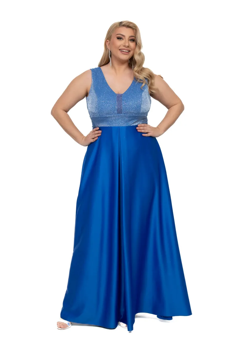 ΦΟΡΕΜΑ PLUS SIZE ΜΑΚΡΥ ΣΑΤΕΝ ΜΠΛΕ ΡΟΥΑ ΜΠΛΕ ΡΟΥΑ