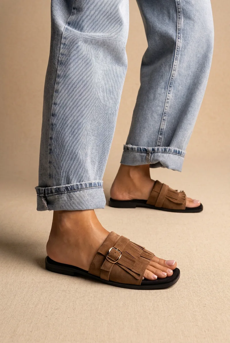 TFP Σουέντ πέδιλα με κρόσσια - I184 - Sand Suede