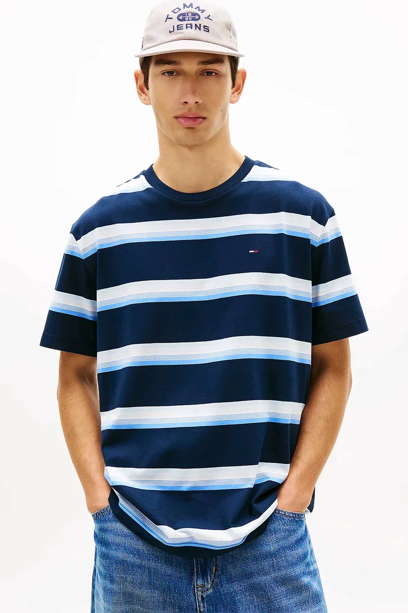 Tommy Jeans ανδρικό T-shirt ριγέ με λογότυπο Relaxed Fit - DM0DM22516 Μπλε Σκούρο