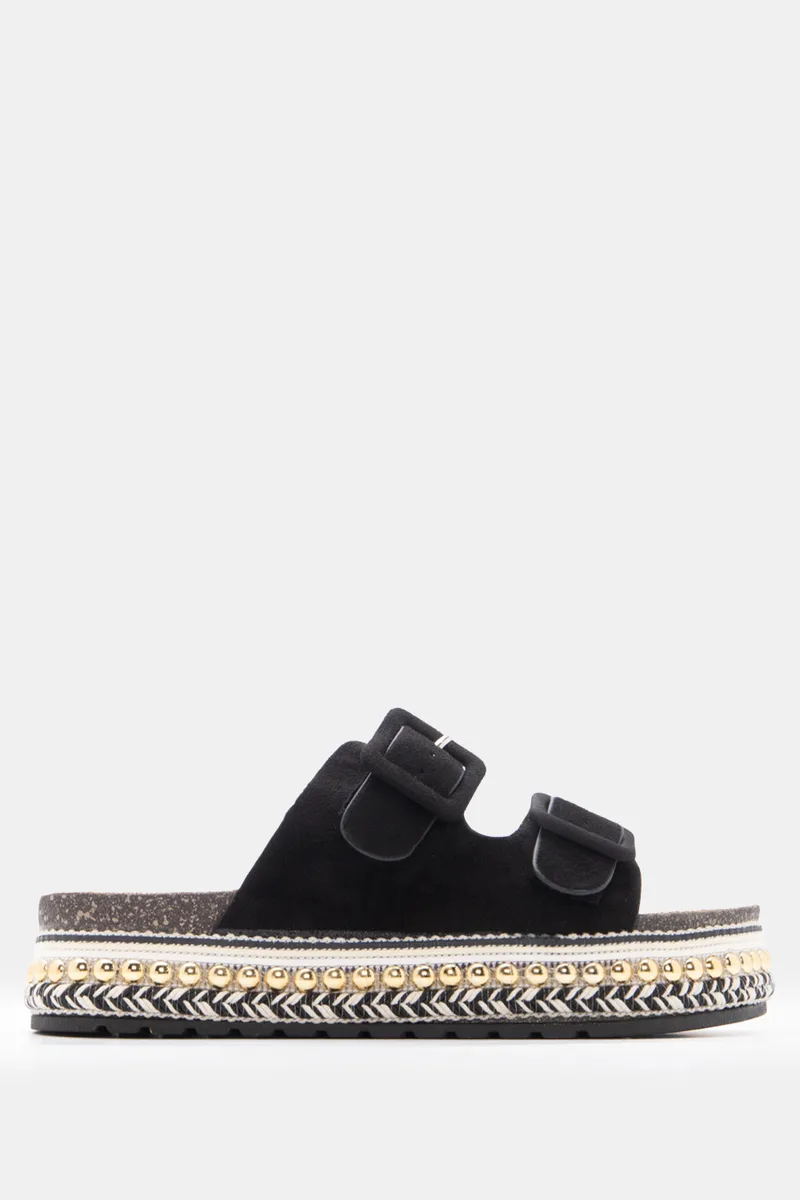 Σανδάλια Flatform Boho με Διπλές Τόκες - Μαύρο