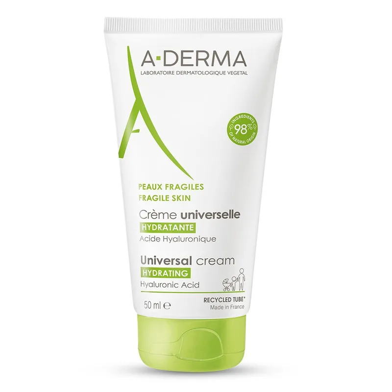A-Derma Universal Hydrating Cream Ενυδατική Κρέμα Προσώπου - Σώματος με Υαλουρονικό Οξύ 50ml,Κατάλληλη για Ευαίσθητες Επιδερμίδες & Ιδανική για Όλη την Οικογένεια
