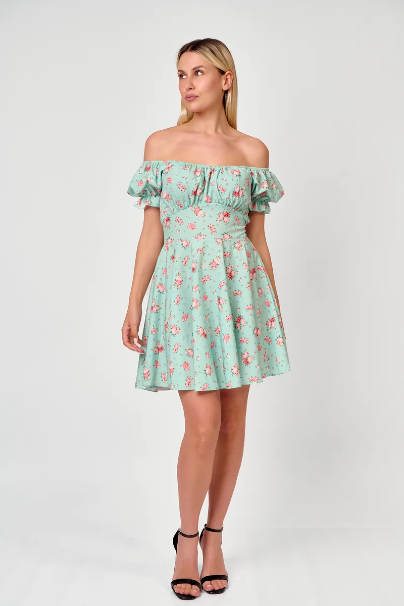 Floral Mini Φόρεμα Off Shoulder Σε Βεραμάν Χρώμα | Dress Up Βεραμάν