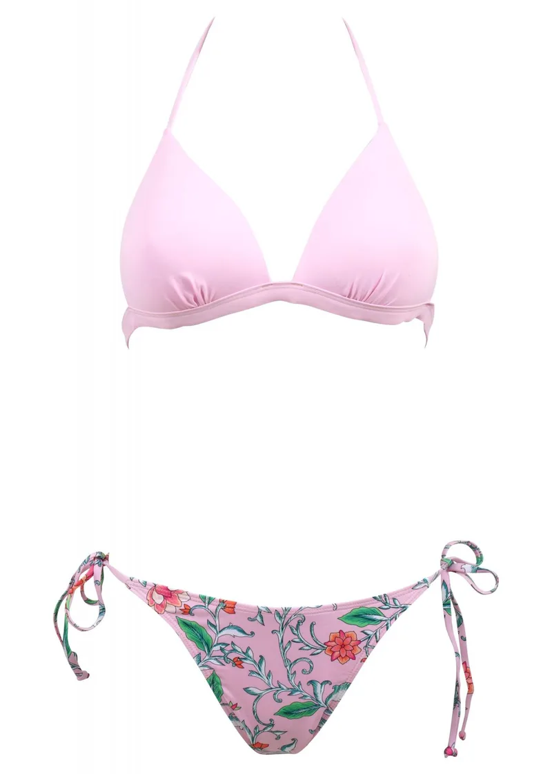Set μαγιό τρίγωνο με ενσωματωμένη ενίσχυση Bikini κανονική γραμμή δετό στο πλάι. Καλύπτει B Cup ΡΟΖ