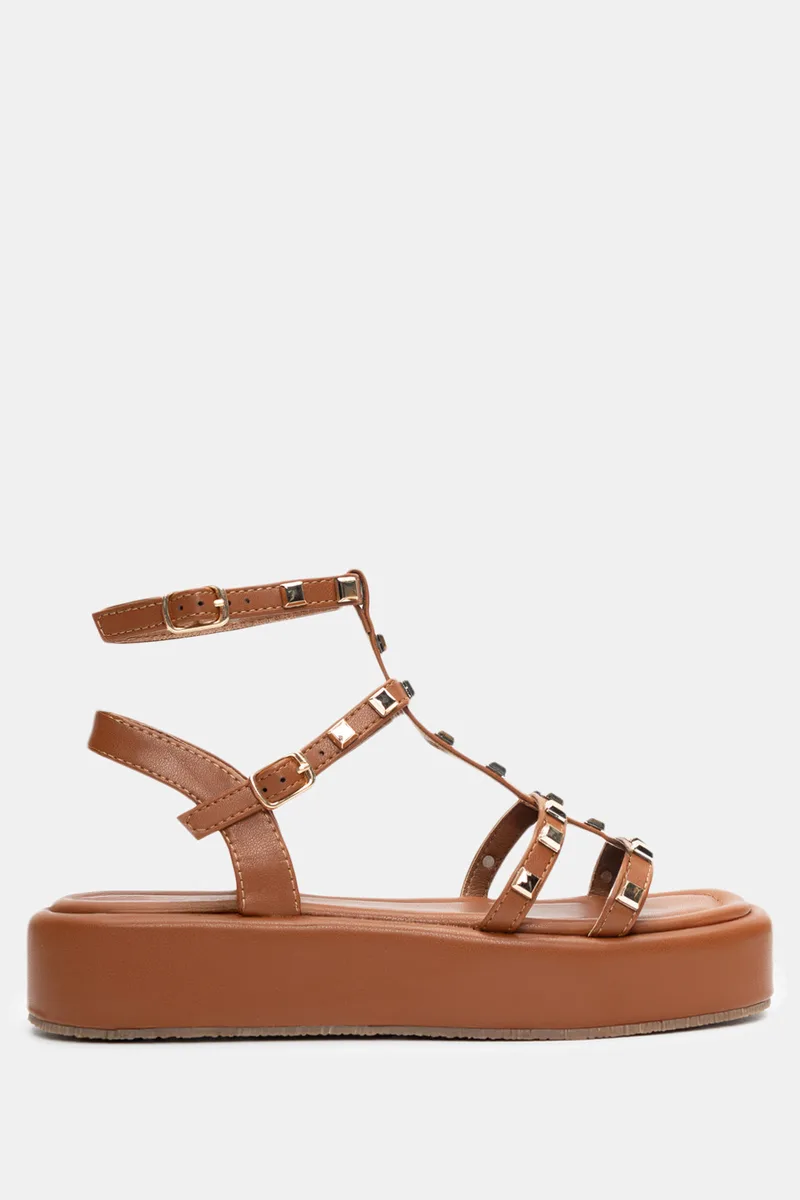 Σανδάλια Flatform Gladiator με Τρουκς - Κάμελ