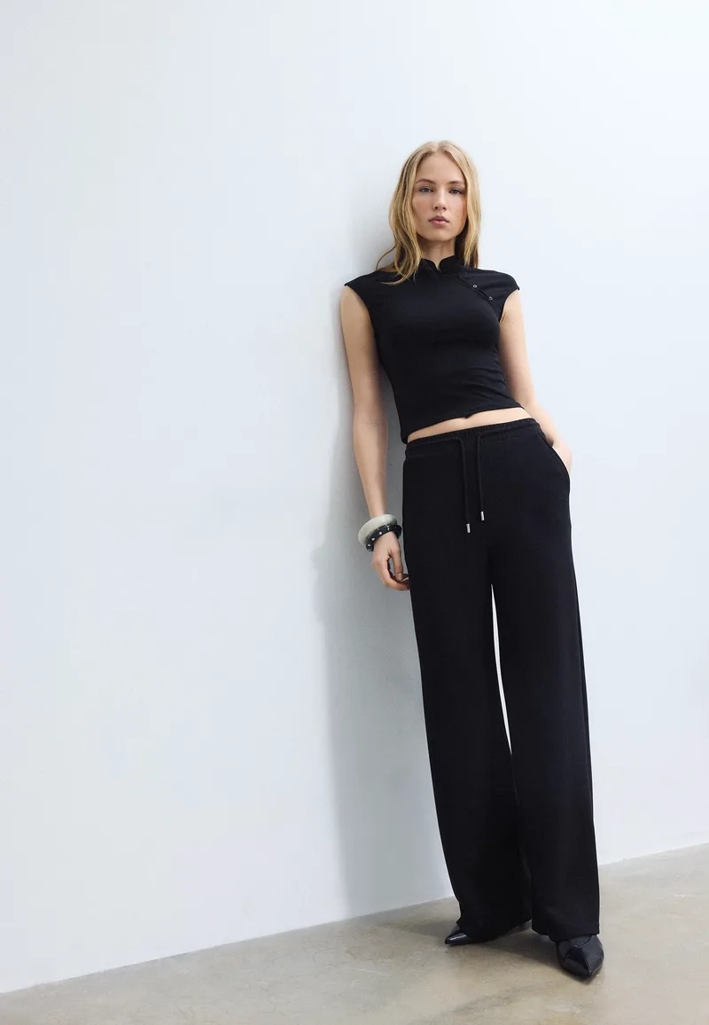Stradivarius Παντελόνι Jogger Palazzo Απαλής Υφής Μαύρο L