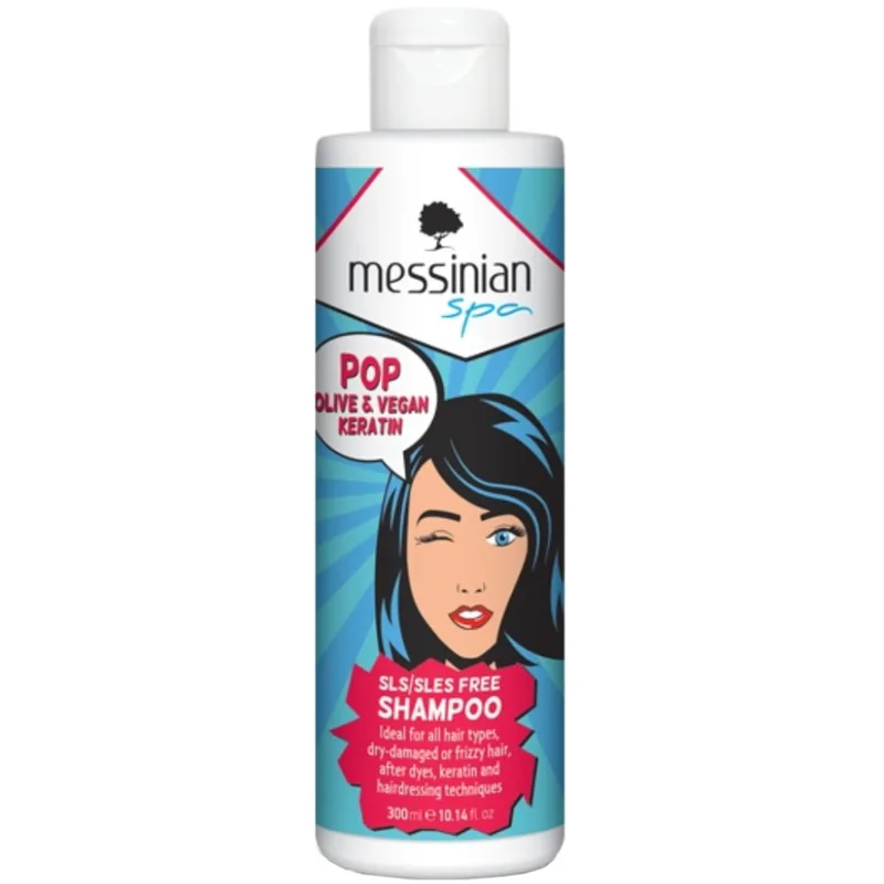 Messinian Spa Pop Olive & Vegan Keratin Sls / Sles Free Shampoo Σαμπουάν για Ξηρά Ταλαιπωρημένα ή Φριζαρισμένα Μαλλιά για Διατήρηση του Χρώματος & Προστασία απο Υψηλές Θερμοκράσιες του Styling 300ml