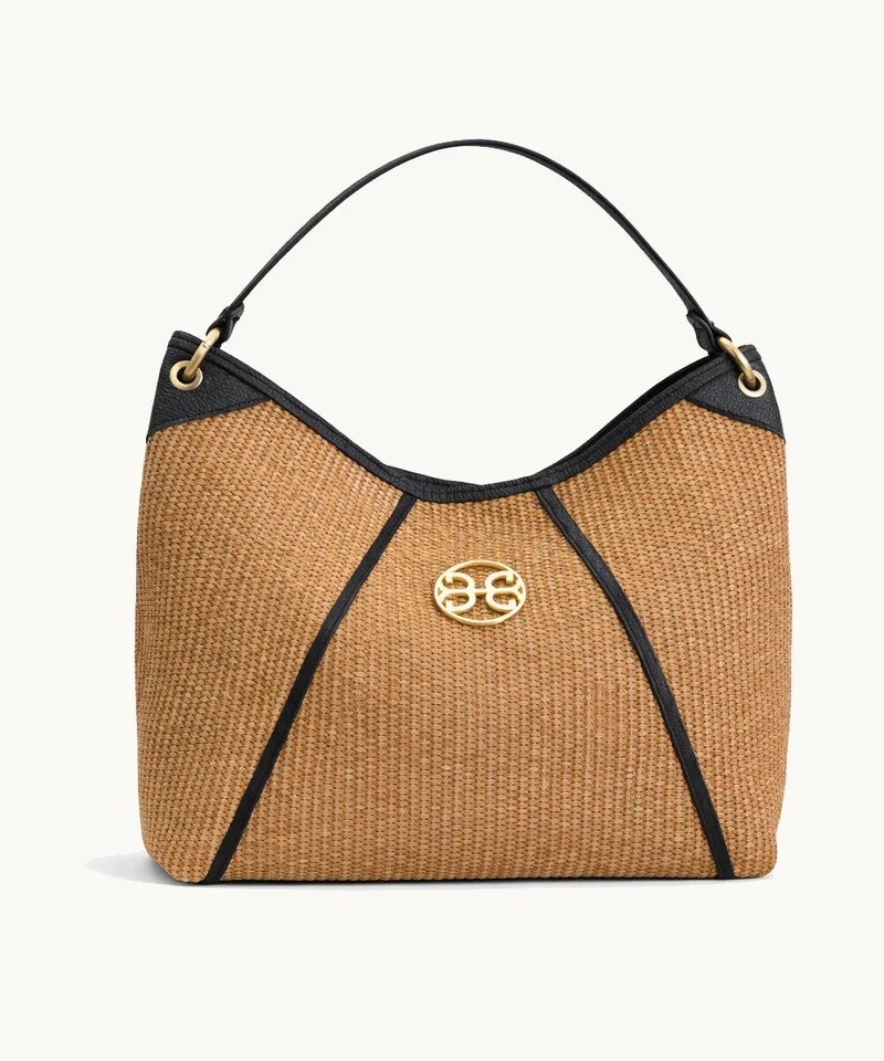 Bonendis Capri Tote in Raffia & Black Leather Μπέζ