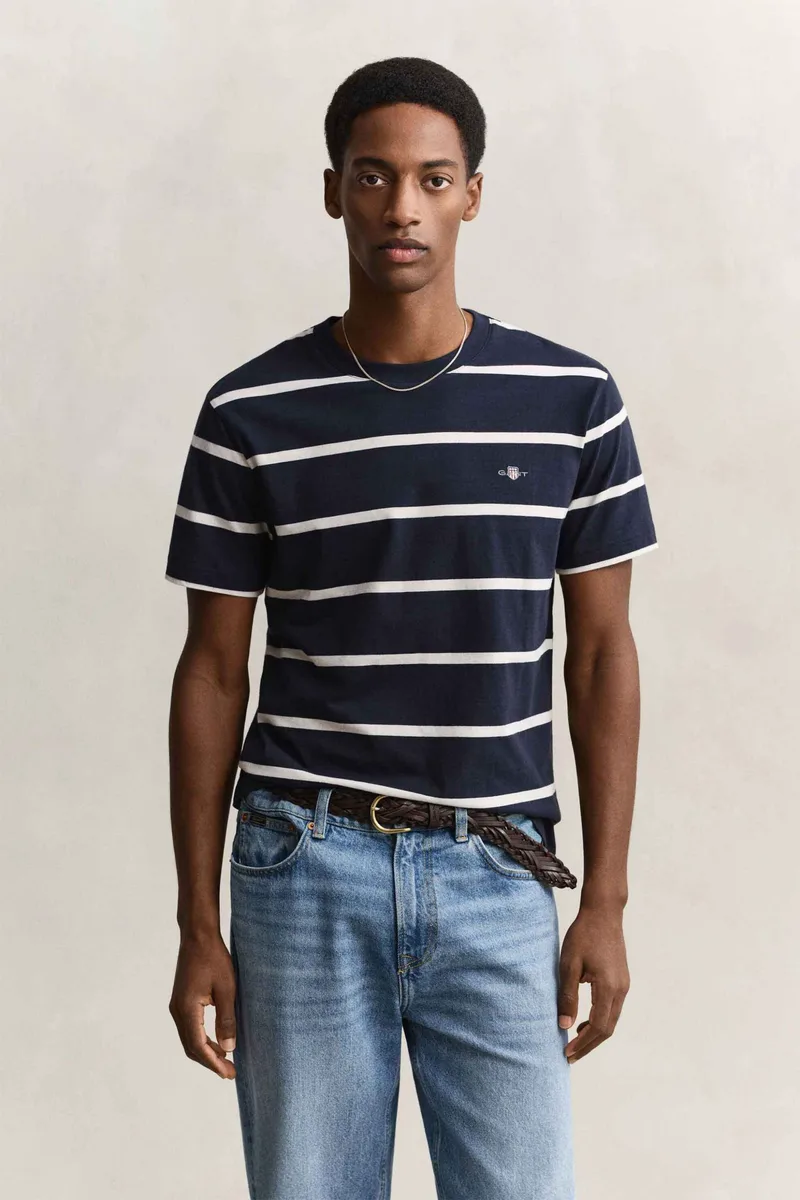 Gant ανδρικό T-shirt με ριγέ σχέδιο και κεντημένο λογότυπο Regular Fit - 2003398 Μπλε Σκούρο