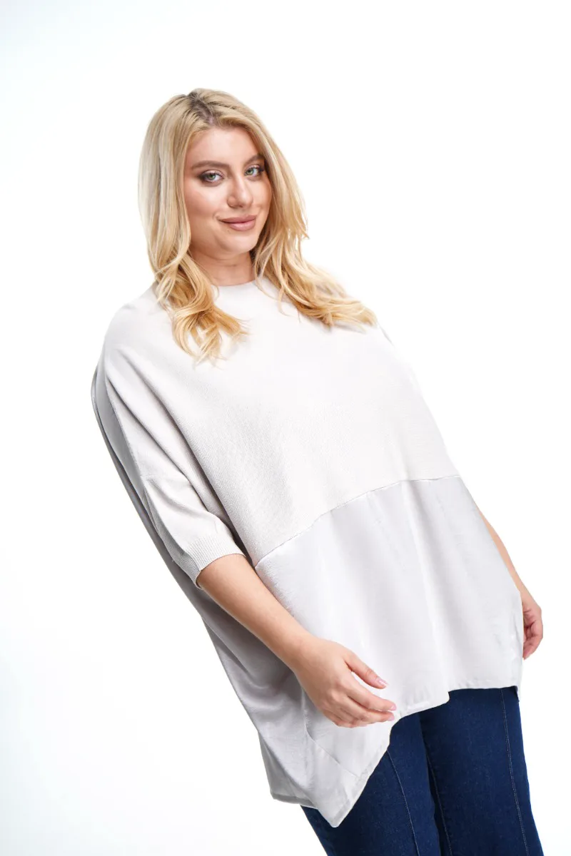 Μπλούζα plus size πλεκτή και σατέν hi-lo σε γκρι/ασημί χρώμα