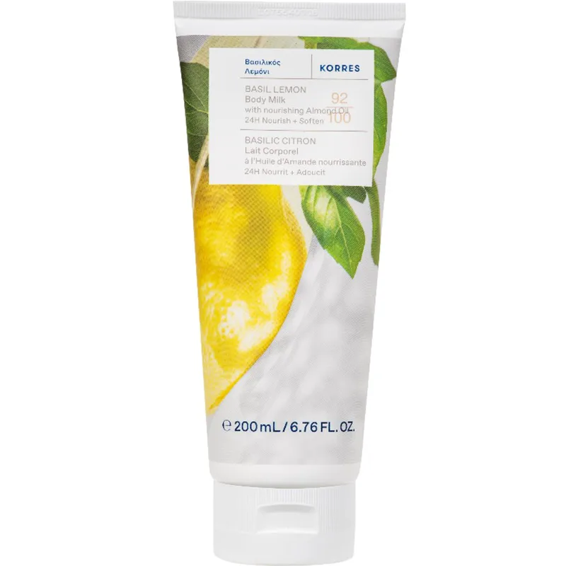 Korres Basil, Lemon & Nourishing Almond Oil Body Milk Απαλό Γαλάκτωμα Σώματος με Βασιλικό Λεμόνι & Αμυγδαλέλαιο για 24ώρη Θρέψη & Απαλότητα 200ml