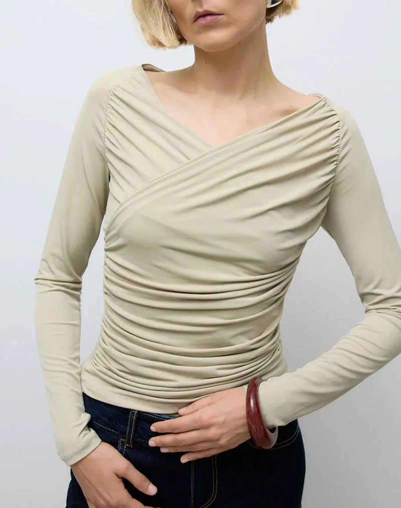 AWARE BY VERO MODA AWSOPHIA LS V-NECK WRAP TOP 10331046-Moss Gray Biege