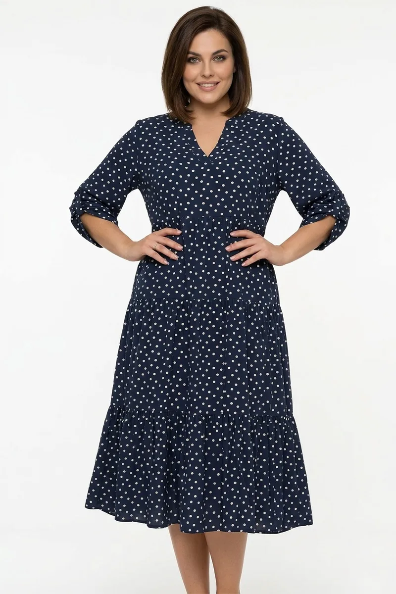 Φόρεμα πουά με βολάν σε μπλε σκούρο χρώμα plus size