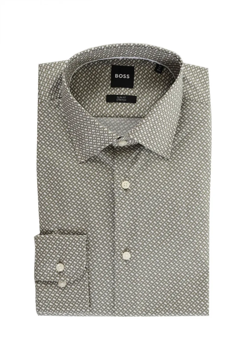BOSS ΠΟΥΚΑΜΙΣΟ ALLOVER LOGO SLIM FIT STRETCH H-HANK-KENT-C1-214 ΧΑΚΙ-ΛΕΥΚΟ