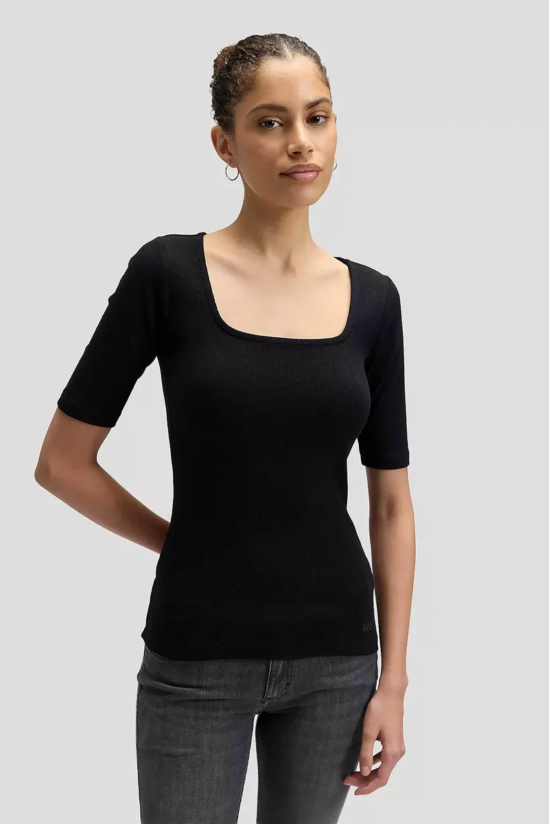 Lee® γυναικεία κοντομάνικη μπλούζα ribbed Slim Fit - 112377001 Μαύρο