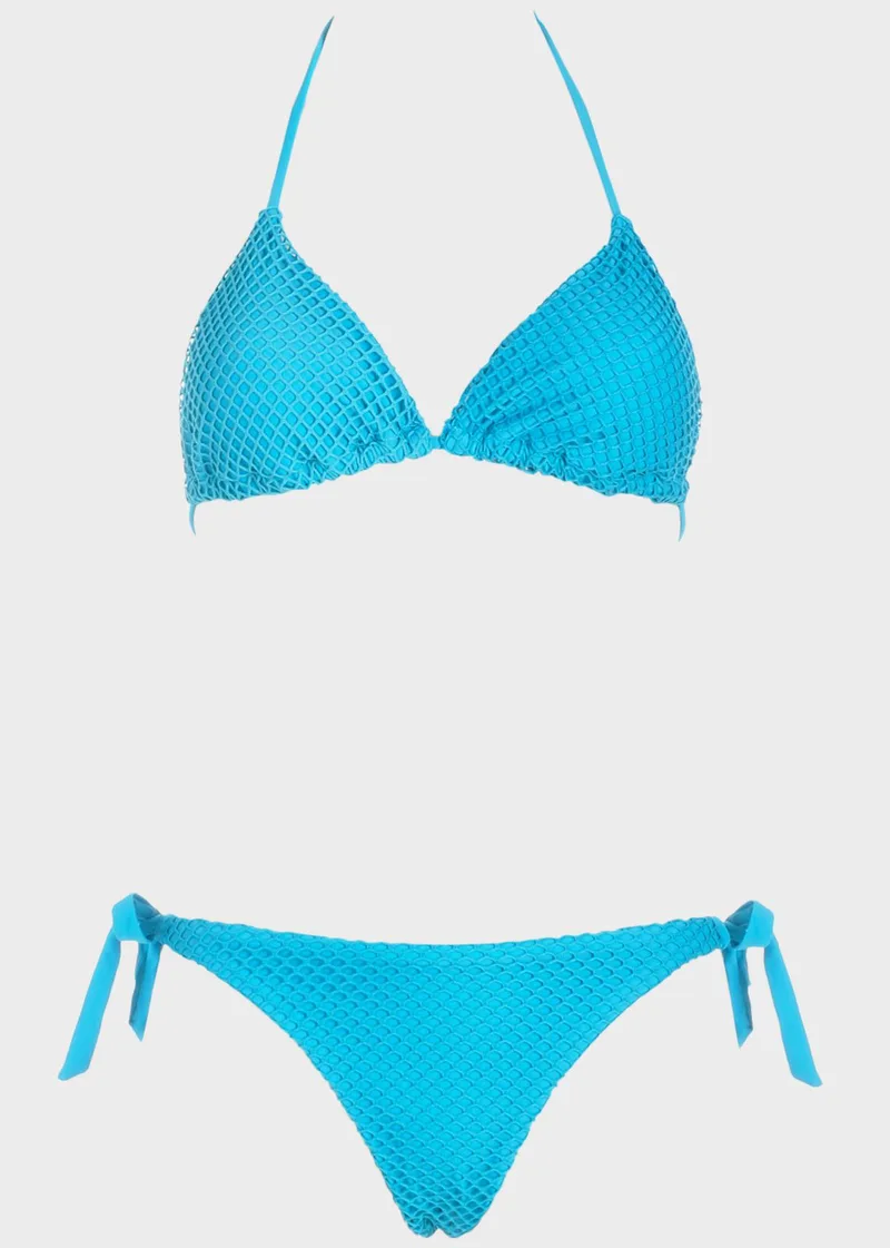 Bikini τριγωνάκι μονόχρωμο με ελαστικό δίχτυ. Καλύπτει B Cup ΜΠΛΕ