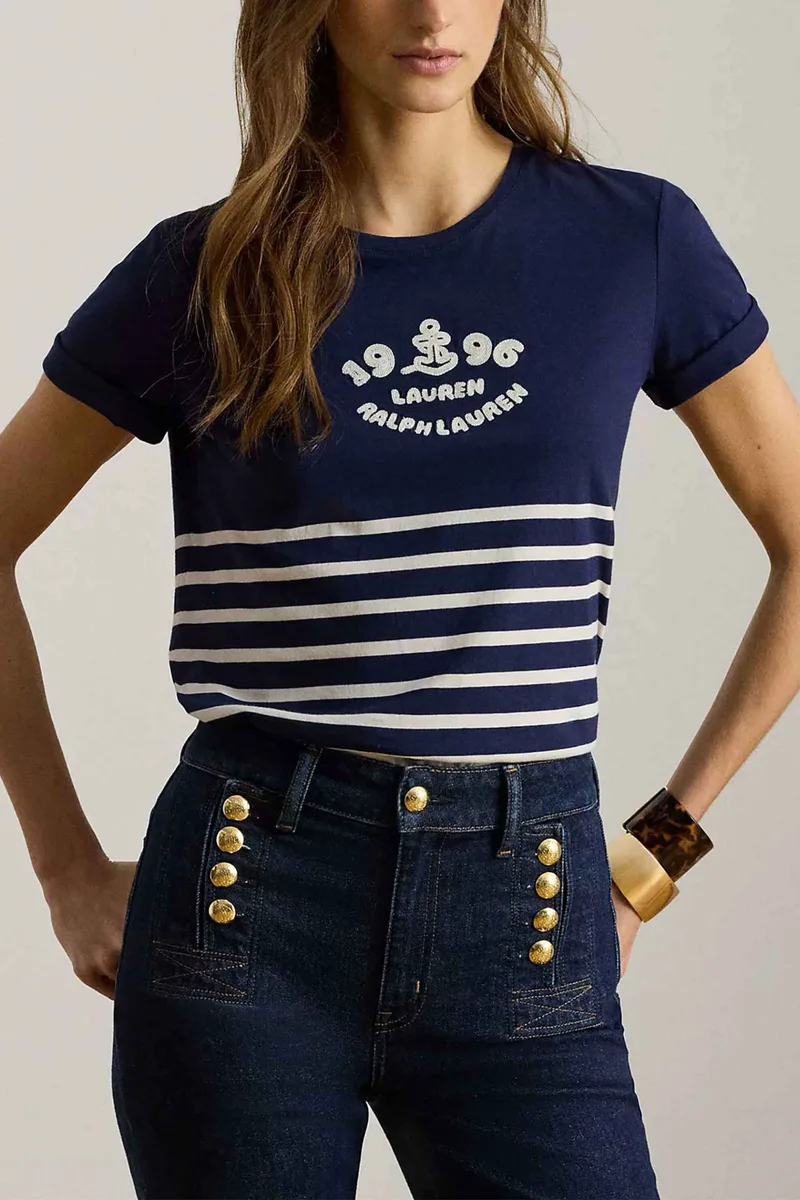 Lauren Ralph Lauren γυναικείο T-shirt με ριγέ σχέδιο και κεντημένο λογότυπο Relaxed Fit - 200B21056001 Μπλε Σκούρο