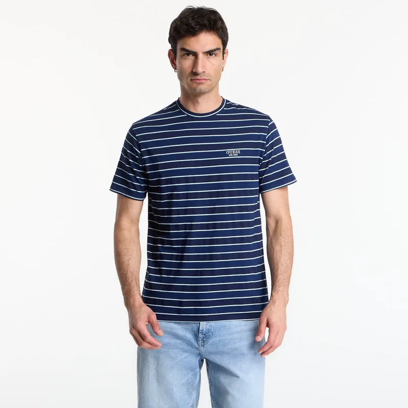 T-shirt GUESS Cn Ss Indigo Stripes Embro Tee Dark Indigo White St XL