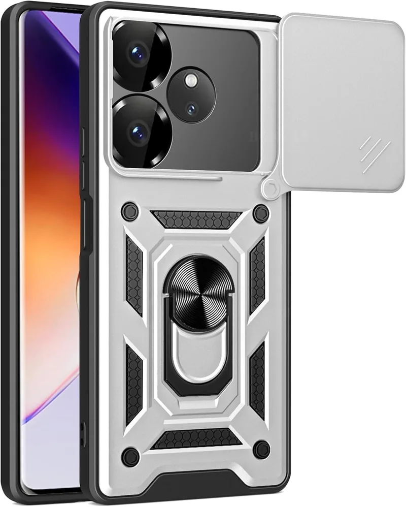Θήκη Realme GT 6 / GT 6T - Bodycell Armor Slide Ανθεκτική με Κάλυμμα για την Κάμερα & Μεταλλικό Ring Holder - Silver (5206015078835)
