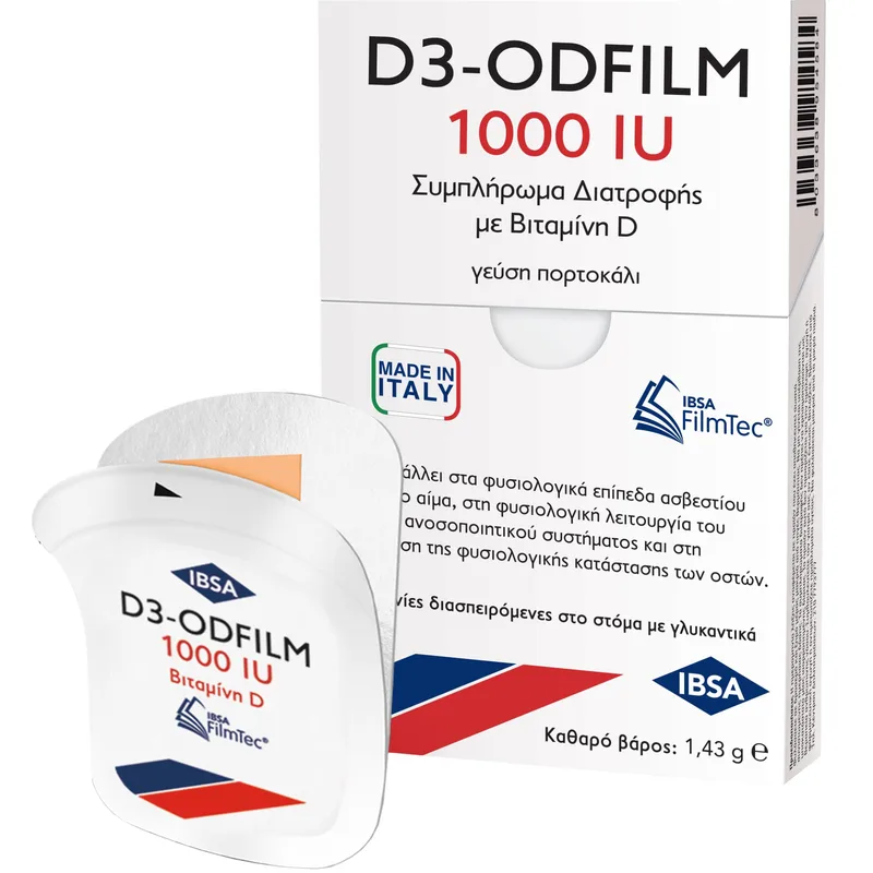 IBSA D3-Odfilm 1000iu Συμπλήρωμα Διατροφής με Βιταμίνη D3 για την Καλή λειτουργία των Οστών & του Ανοσοποιητικού, με Γεύση Πορτοκάλι 30 Διασπειρόμενες στο Στόμα Ταινίες