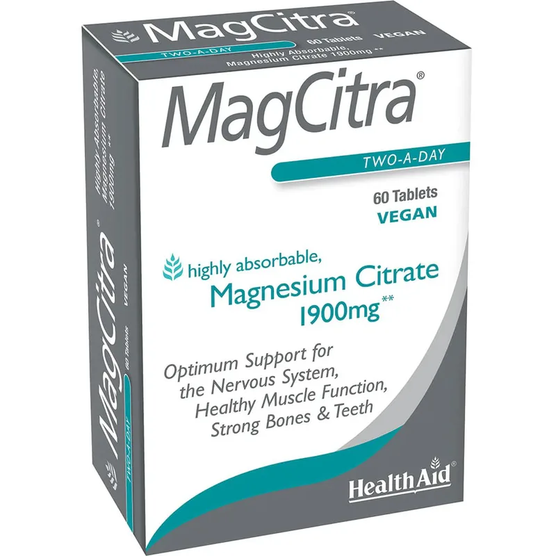 Health Aid MagCitra 1900mg Συμπλήρωμα Διατροφής Μαγνησίου Κιτρικής Μορφής Μέγιστης Απορροφησιμότητας για την Καλή Υγεία των Οστών, Μυών & Νευρικού Συστήματος 60tabs