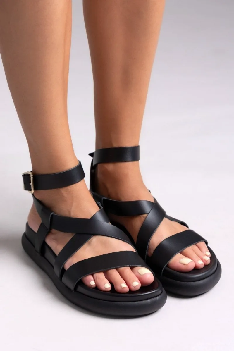 IRIS Leather Flatform Sandals - SHELL (ματ δέρμα) - Black